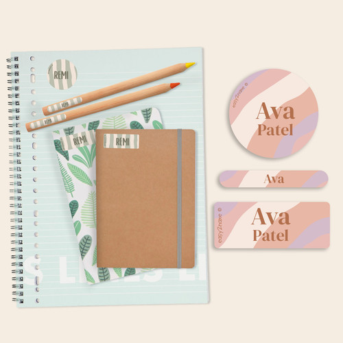 Easy2Name pattern design name sticker value set, personalised with children's names, on a notebook and lunch boxes