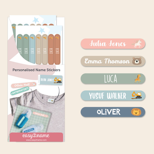 Easy2Name theme with icon mini name stickers, personalised with children's names, on pens, pencils and a notebook