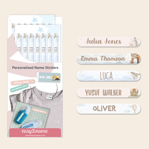 Easy2Name watercolour mini name stickers, personalised with children's names, on pens, pencils and a notebook