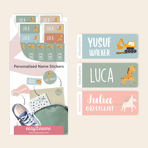 Easy2Name theme with icon name stickers, personalised with children's names, on lunch boxes and a notebook