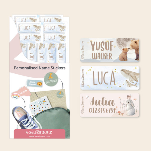 Easy2Name watercolour name stickers, personalised with children's names, on lunch boxes and a notebook