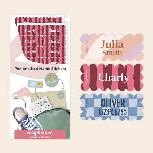 Easy2Name pattern design wave name stickers, personalised with children's names, on lunch boxes and a notebook