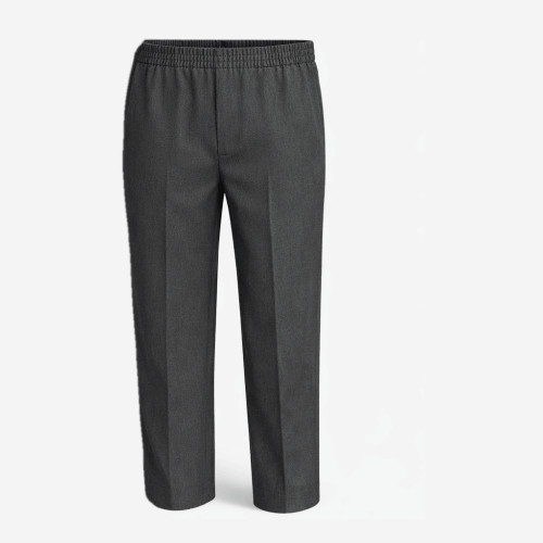 Single pair of grey boys pull up school trousers with a full elastic waist and pressed front crease