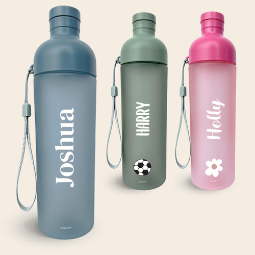 Three personalised 600 ml drinking bottles with carry straps, named Joshua, Harry and Holly in blue grey, green and pink