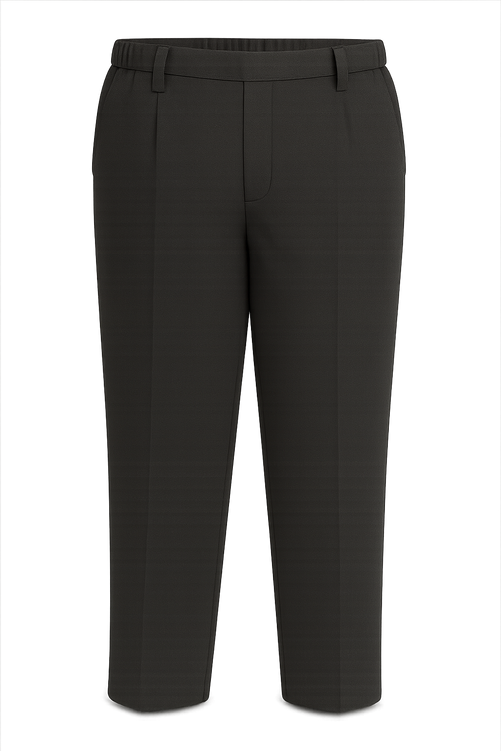 This image displays boys' black plus size school trousers on a clean transparent background. Perfect for e-commerce or print catalogs, the trousers are tailored in a sturdy fit with a wider waist and a gently tapered leg for improved comfort and appearance. They come with a discreet front clip fastening, elasticated back waistband, and practical side pockets. The fabric has a deep black tone suitable for all school uniform requirements, combining durability, flexibility, and a smart school-ready look.