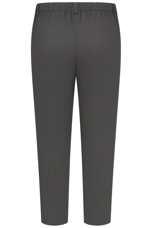 This clear image showcases the back view of boys’ grey plus size school trousers, displayed on a transparent background for flexible use in online stores and marketing materials. The trousers feature a practical elasticated waistband at the back for added comfort and adaptability, ideal for growing children or those who need a more generous fit. Made from a durable mid-grey fabric approved for school uniforms, the trousers have no back pockets, keeping the design streamlined and easy to maintain. Their tapered leg ensures a smart look suitable for everyday school wear.