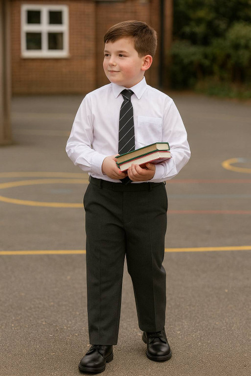 Boy wearing grey plus size sturdy fit school trousers, white shirt and black tie, holding school books while standing in a playground