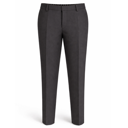 Charcoal grey boys’ school trousers shown front-facing with a flat-front design, elastic back waist, and smart tapered fit, ideal for school uniform.