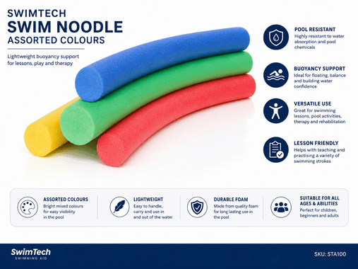 SwimTech solid foam swim noodle in assorted colours for swimming lessons, pool play and buoyancy practice