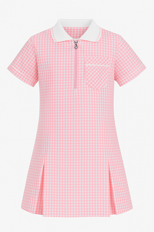 Soft, pretty, and practical — this pink gingham schoolwear dress features a white collar, zip fastening, and pleats for classic uniform style with a fun seasonal colour.