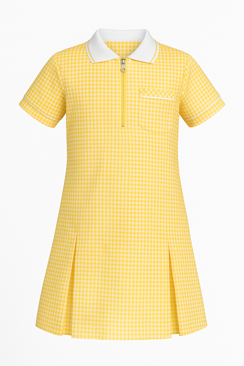 Bring sunshine to the school day with this gold gingham dress. A perfect schoolwear choice for warmer weather, with breathable material, a tidy zip front, and matching scrunchie for a coordinated look.