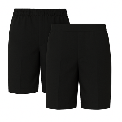 A clean, professional photograph of two pairs of black school shorts laid out side by side on a white background. Designed with a full elastic waist and a smooth flat front, these shorts provide a smart and comfortable fit with no zips or buttons. The sleek black fabric is ideal for meeting school uniform standards, while the twin pack ensures convenience and great value for parents. Suitable for boys aged 2–13, these shorts are perfect for busy school days.