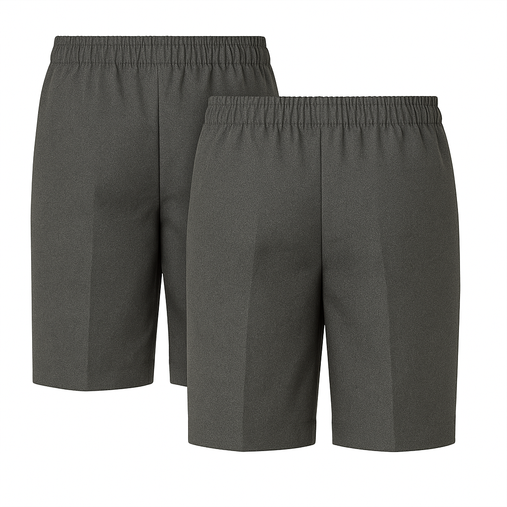 This image features a rear view of the boys’ grey school shorts, neatly displayed against a clean white background. The back showcases the softly gathered elastic waistband, designed for all-day comfort and ease of movement. Crafted from a durable, heathered grey fabric, the shorts maintain a smart silhouette while offering flexibility and practicality—perfect for active school days. Clean stitching and a tidy finish ensure a uniform-friendly look from every angle.