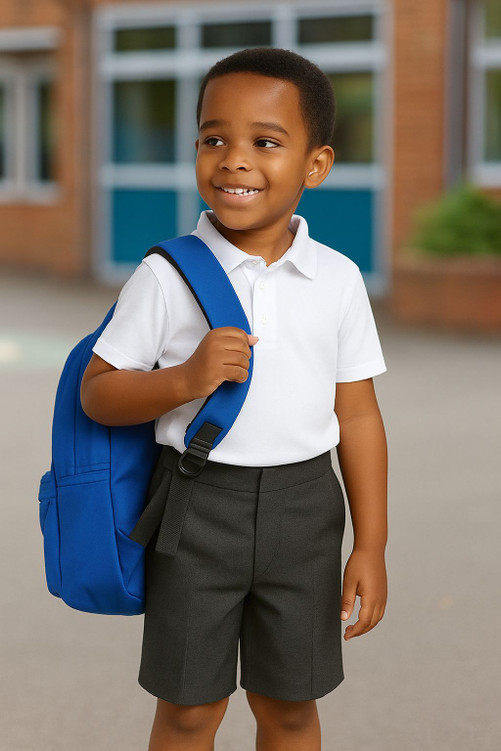 Young boy wearing grey school shorts and white polo shirt with a backpack, standing in a school playground background