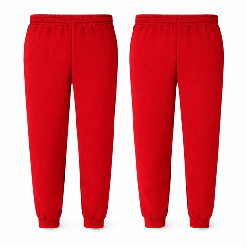 Twin pack red school jogging bottoms for kids with elasticated waist and cuffed hems, suitable for boys and girls PE kit