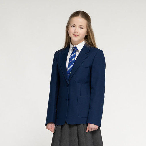 Zeco unisex eco school blazer in royal blue, worn, side view, close up