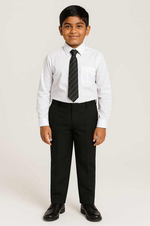 This image showcases a  schoolboy, around 12 years old, standing in full uniform. He wears a white school shirt paired with a striped tie and sturdy black plus-size school trousers designed for a comfortable fit. The trousers feature an elastic waistband and straight, tapered legs, offering a clean and professional schoolwear appearance. The boy’s relaxed posture and subtle smile reflect both comfort and confidence.