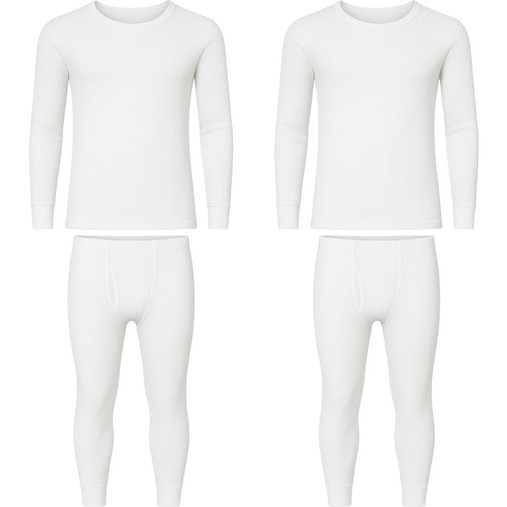 Men’s 2-Pack Thermal Underwear Set in White, including a long sleeve top and long johns made from breathable, brushed fabric to keep you warm during cold weather.