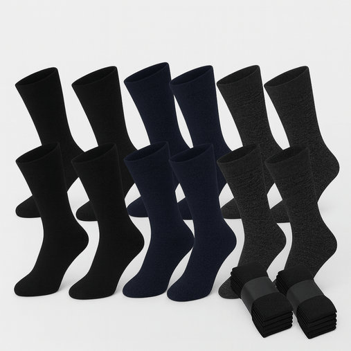 Six pairs of men's plain socks in black, navy, and charcoal, displayed upright with one folded six-pack bundle, cotton-polyester-elastane blend.