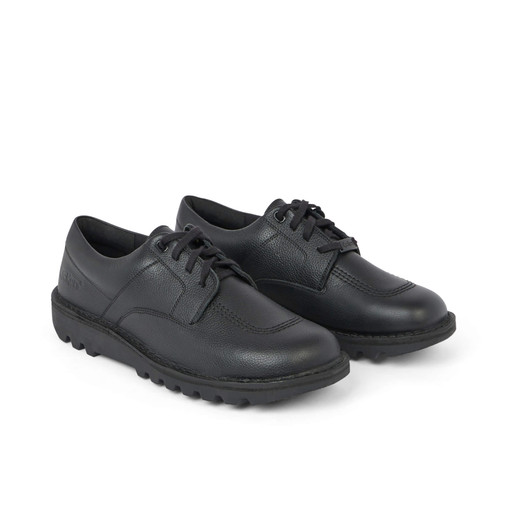 Kickers Kick Shoe tumbled leather black lace-up shoes angled view showing classic low-profile design