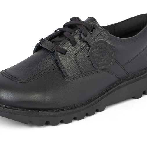 Rear view of Kickers Kick Shoe tumbled leather black showing heel branding and thick outsole