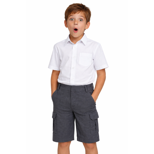 Boy wearing grey school cargo shorts with elastic waist and side pockets