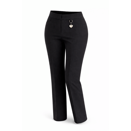 Black girls eco school trousers with elastic back waist, front view smart school uniform style