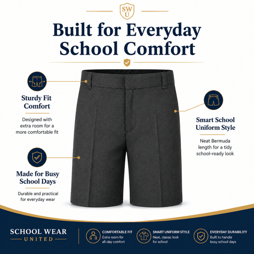 Boys plus size school shorts comfort feature graphic showing sturdy fit, smart school uniform style and everyday durability