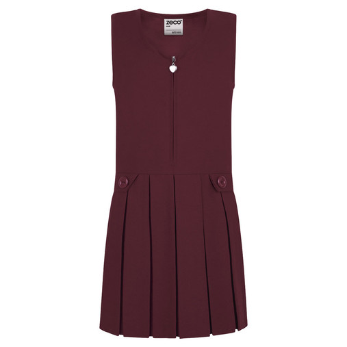 Girls maroon box pleat zip front school pinafore dress with heart puller, worn over a white blouse, perfect for daily school uniform.