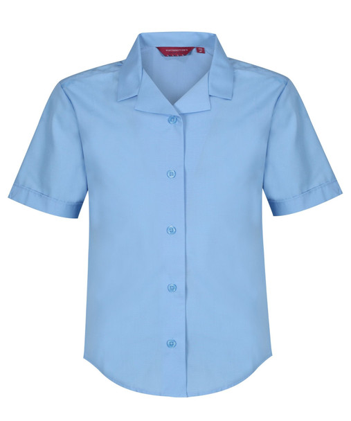 TPB422 Girls Short Sleeve Revere Collar Non-Iron Blouse - White - Twin Pack - Blue