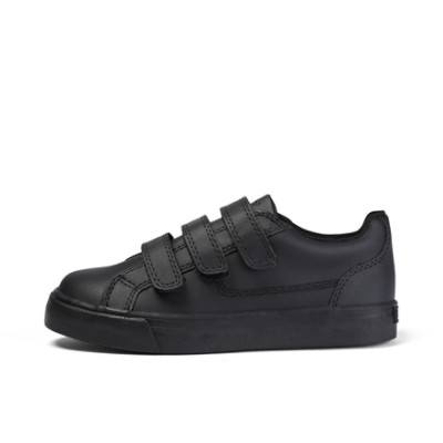 Kickers Tovni Trip Junior leather black school shoes angled front view showing Velcro straps and toe detail