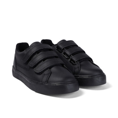 Kickers Tovni Trip Junior leather black school shoes top view showing Velcro strap layout