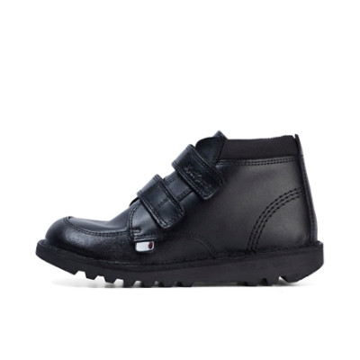 Kickers Kick Hi Leather Junior School Boots Black angled front view