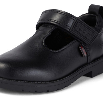 Kickers Lachly T Bar Leather Infant Girls School Shoes Black side view detail
