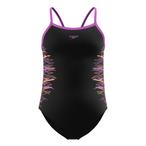 Speedo Girls' Plastisol Placement Thinstrap Muscleback Swimsuit Black/pink