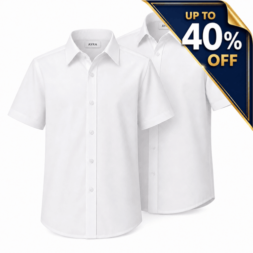 Boys twin pack short sleeve non iron school shirts in white with no chest pocket