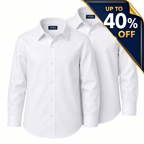Boys 2 Pack Non Iron School Shirts, White Long Sleeve School Uniform Shirts