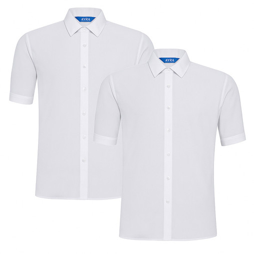 This image displays a twin pack of Ayra girls’ short sleeve school blouses in bright white, photographed against a clean white background. Both blouses are shown without a chest pocket for a sleeker, regulation-compliant design. Featuring a classic collar and button-through front, these non-iron shirts are ideal for schoolwear, offering a polished look with minimal maintenance. The twin pack presentation highlights value and consistency in school uniform essentials.