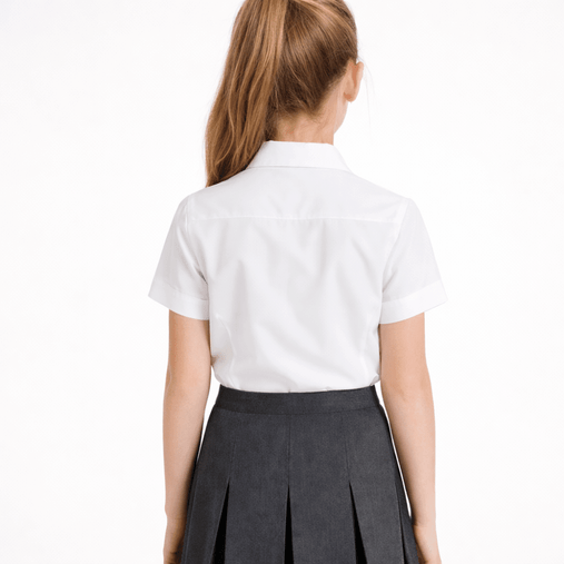 Girls white short sleeve school uniform blouse back view with neat tailored fit