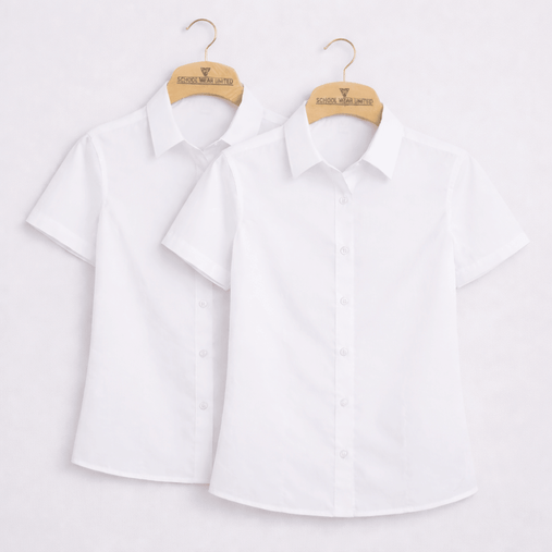 Girls twin pack white short sleeve school uniform blouses on School Wear United hangers