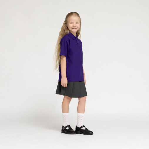 Zeco school polo shirt in purple, worn, side view
