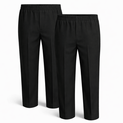 Boys black school trousers twin pack with full elastic waistband and pull up design