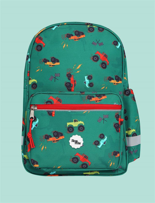 ROAMIE kids recycled school backpack in Monster Trucks