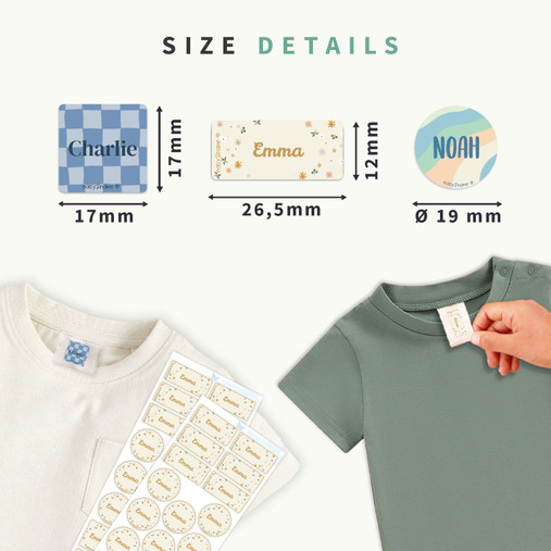 Easy2Name pattern name sticker sizes: rectangle 26.5 x 12 mm, square 17 x 17 mm and round 19 mm