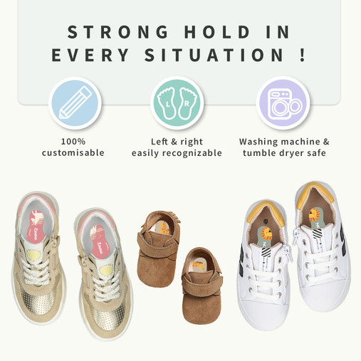 Easy2Name shoe labels: customisable, left and right easy to tell apart, washing machine and tumble dryer safe