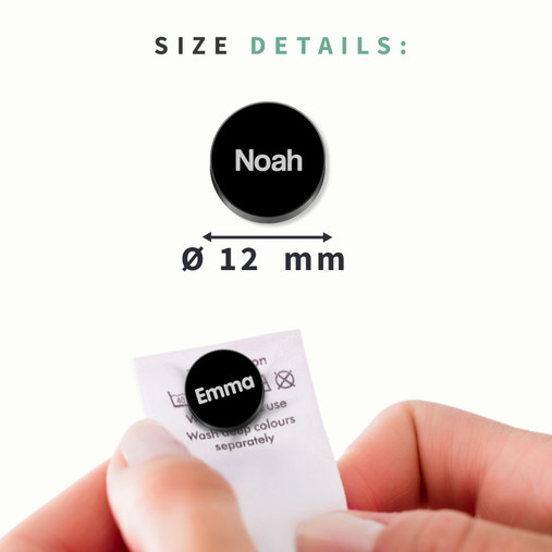 EasyTag size: 12 mm across, attached to a care label