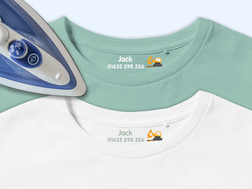 Iron-on name transfers with a phone number and icon, inside the necks of T-shirts