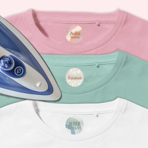 Easy2Name round iron-on name labels in pattern designs, ironed into pink, green and white T-shirts