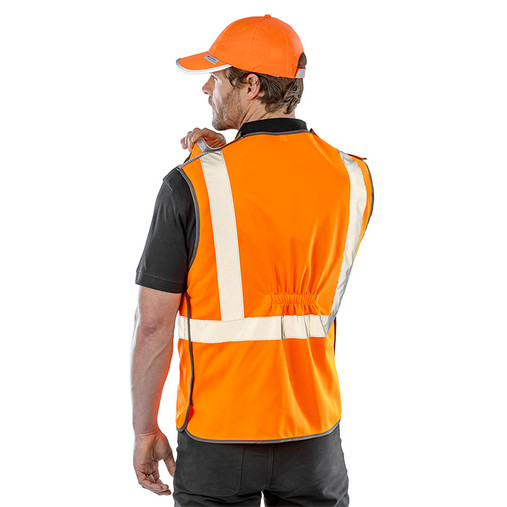 Fluorescent orange breakaway hi vis vest with reflective tape around the chest and over the shoulders