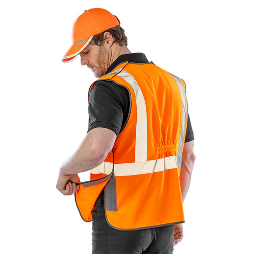 Fluorescent orange breakaway hi vis vest with reflective tape around the chest and over the shoulders